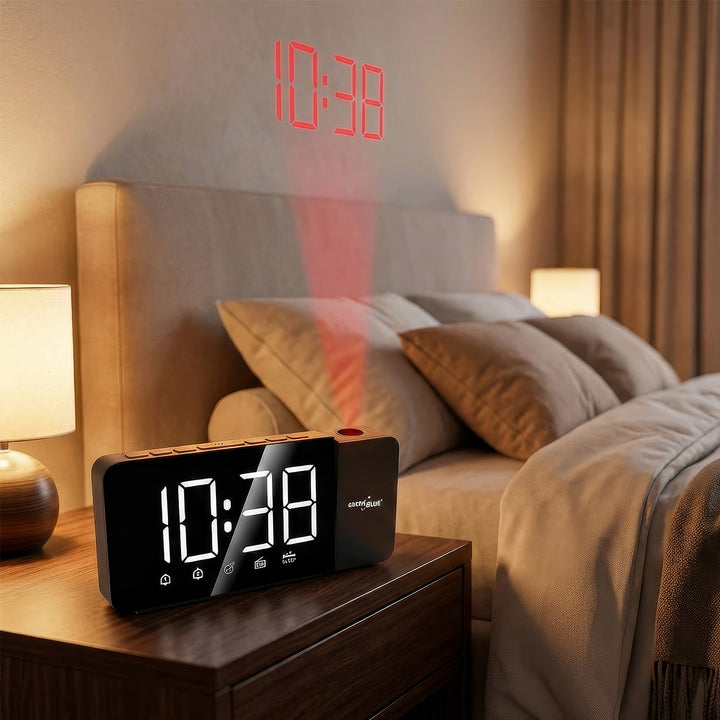 Radio despertador digital LED con proyector GreenBlue, radio FM, alarma, reloj 12/24, alimentación USB 5V DC + CR2032, GB172