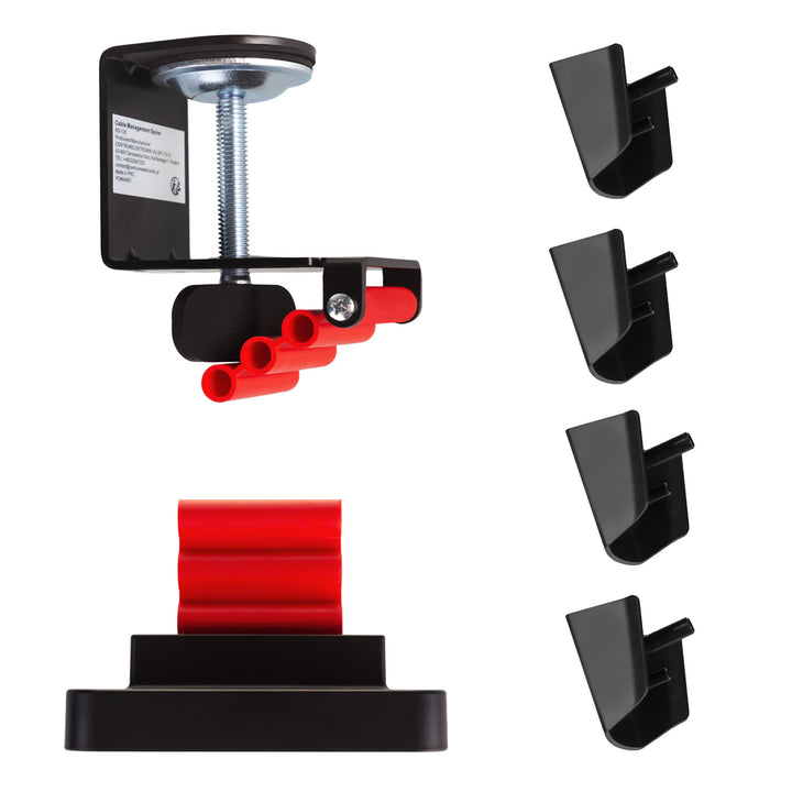Mesa de jogos NanoRS com prateleira para monitor, máx. 50 kg, altura 850 mm, preta, RS170 + organizador de cabos/rack de secretária Nano RS, 1345 mm, preta e vermelha, RS125