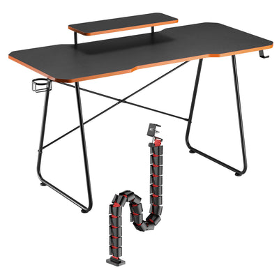 NanoRS Escritorio para juegos con estante para monitor, 50 kg máx., altura 850 mm, negro, RS170+Organizador de cables / rejilla de escritorio Nano RS, 1345 mm, negro y rojo, RS125