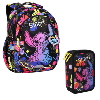 Mochila escolar preta Coolpack Jerry DISNEY STITCH 19L + estojo CoolPack de três compartimentos com acessórios JUMPER 3 STITCH