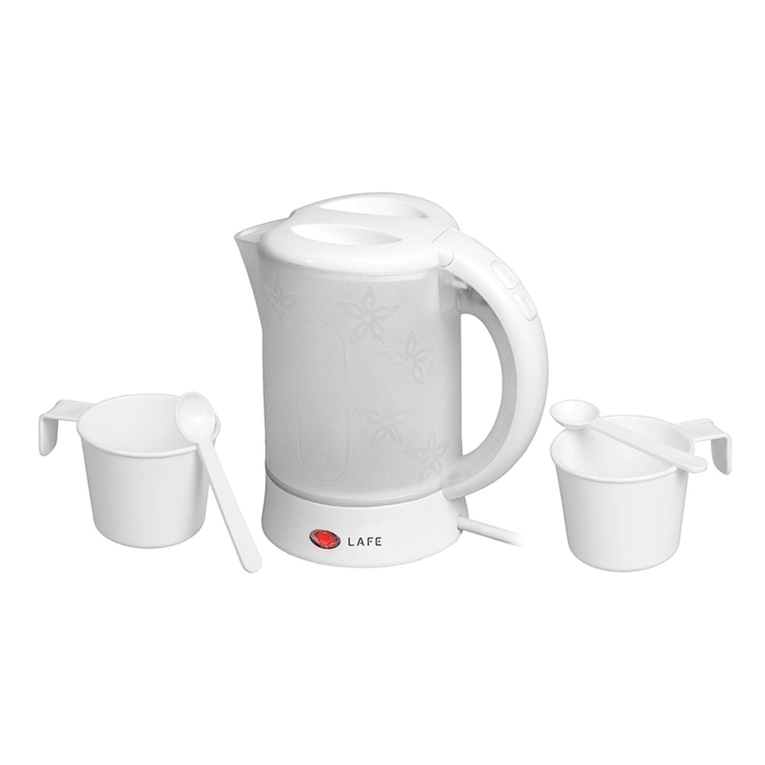 Lafe Scandi Hervidor eléctrico, turista, 600W, capacidad 0,6l, 2 tazas, 2 cucharas, blanco