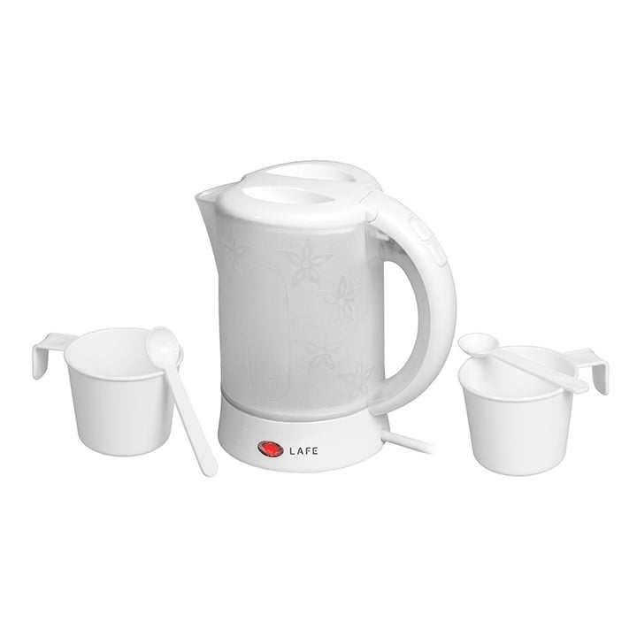 Lafe Scandi Hervidor eléctrico, turista, 600W, capacidad 0,6l, 2 tazas, 2 cucharas, blanco