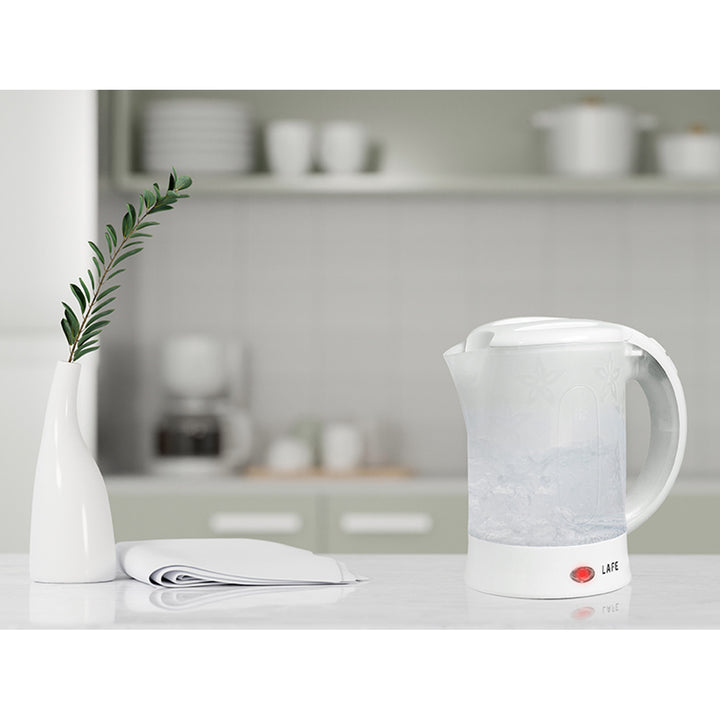Lafe Scandi Hervidor eléctrico, turista, 600W, capacidad 0,6l, 2 tazas, 2 cucharas, blanco