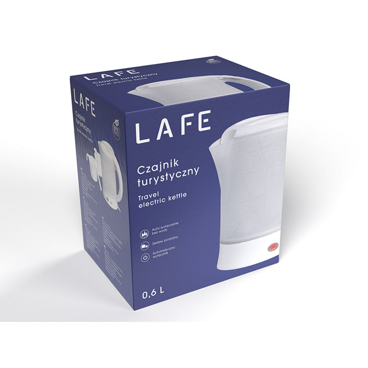 Lafe Scandi Hervidor eléctrico, turista, 600W, capacidad 0,6l, 2 tazas, 2 cucharas, blanco