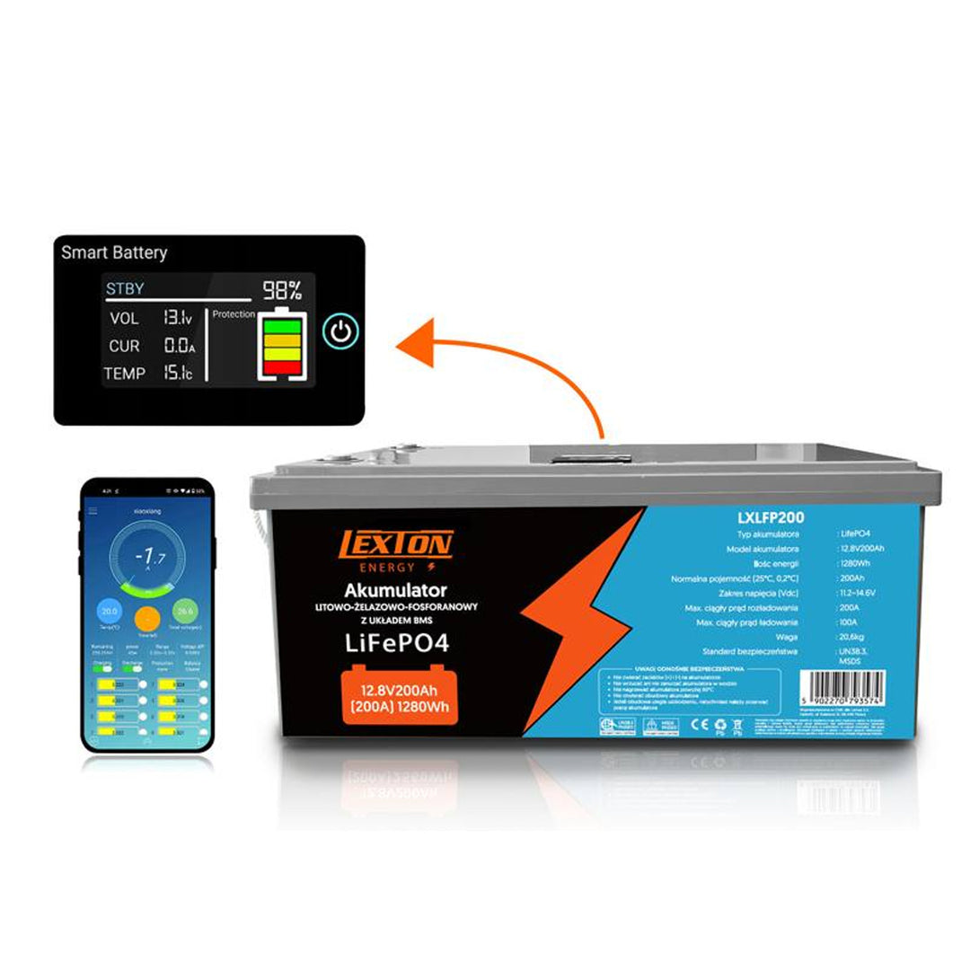 Batería LiFePo4 Lexton de litio hierro fosfato, con BMS, 12,8V, 200Ah, LXLFP200 + cargador de batería LTC Energy LiFePO4