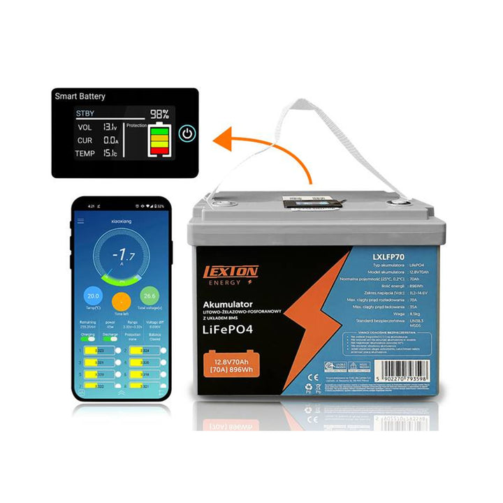 Batería LiFePo4 de fosfato de hierro y litio Lexton, con BMS, 12,8 V, 70 Ah, LXLFP70 + rectificador de batería LiFePO4 de LTC Energy