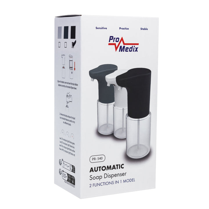 Dispensador automático Promedix, contenedor dispensador para jabones líquidos, líquidos desinfectantes, 300ml, negro, PR-540 B + 4 pilas AA Varta Industrial