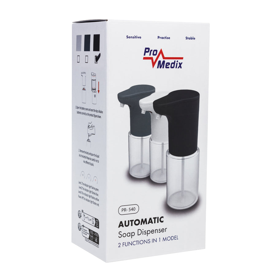 Dispensador automático Promedix, contenedor dispensador para jabones líquidos, líquidos desinfectantes, 300ml, negro, PR-540 B + 4 pilas AA Varta Industrial