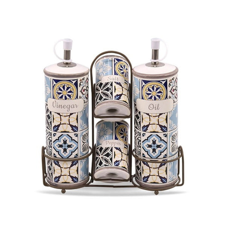 Holiday in Porto Maestro juego de especias de cerámica, 5 elementos, capacidad 2x100ml y 2x300ml, Con soporte de metal, MR-20005-04S