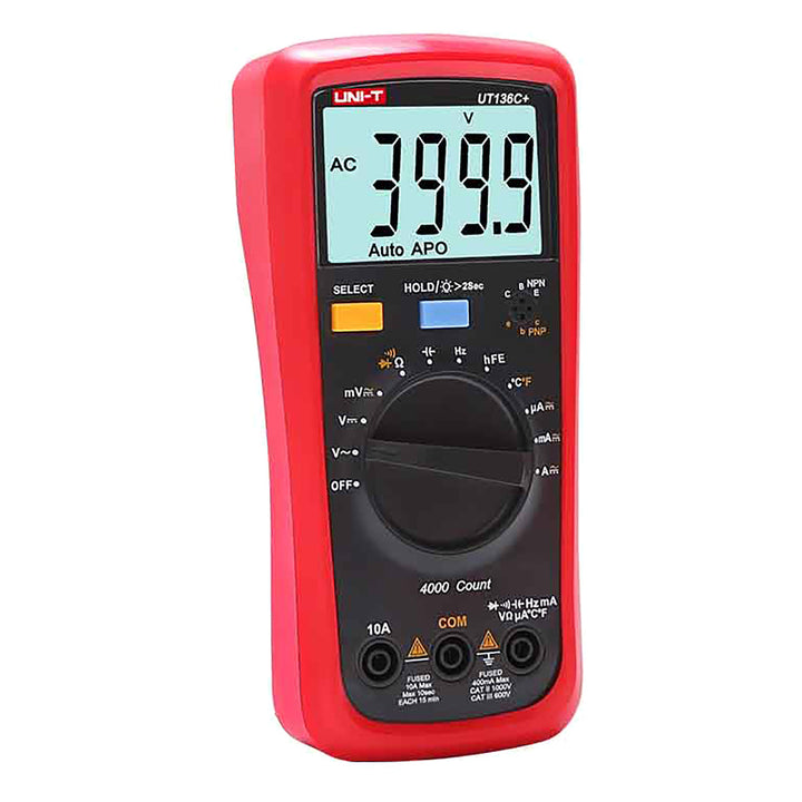 Multímetro digital Uni-T, medición de tensión y corriente, cables de prueba incluidos, sonda de temperatura, UT136C+