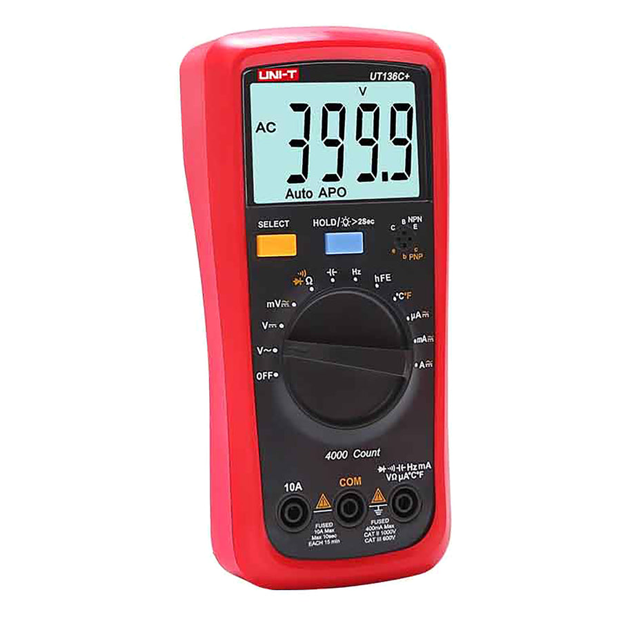 Multímetro digital Uni-T, medición de tensión y corriente, cables de prueba incluidos, sonda de temperatura, UT136C+