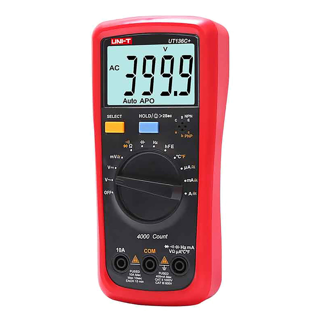 Multímetro digital Uni-T, medición de tensión y corriente, cables de prueba incluidos, sonda de temperatura, UT136C+
