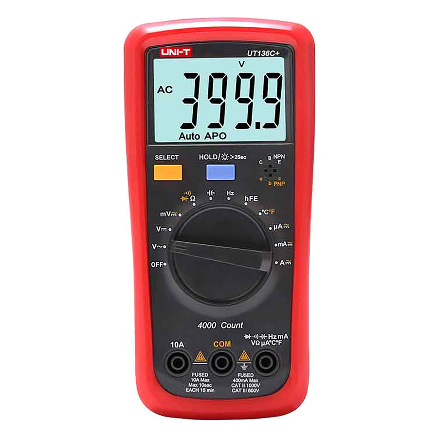Multímetro digital Uni-T, medición de tensión y corriente, cables de prueba incluidos, sonda de temperatura, UT136C+