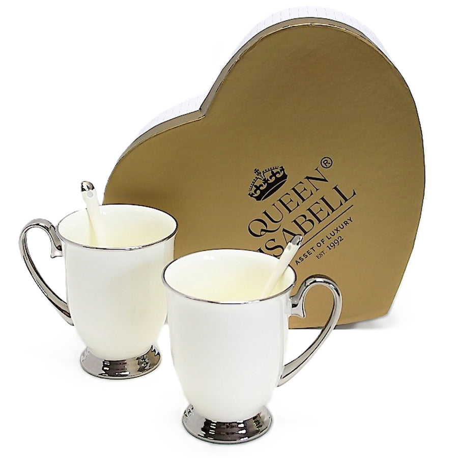 Tazas blancas 2pc Mangos cromados, cucharillas, Porcelana, Elegante, Reina Isabel