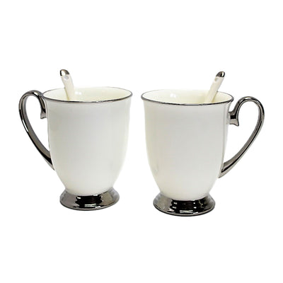 Tazas blancas 2pc Mangos cromados, cucharillas, Porcelana, Elegante, Reina Isabel