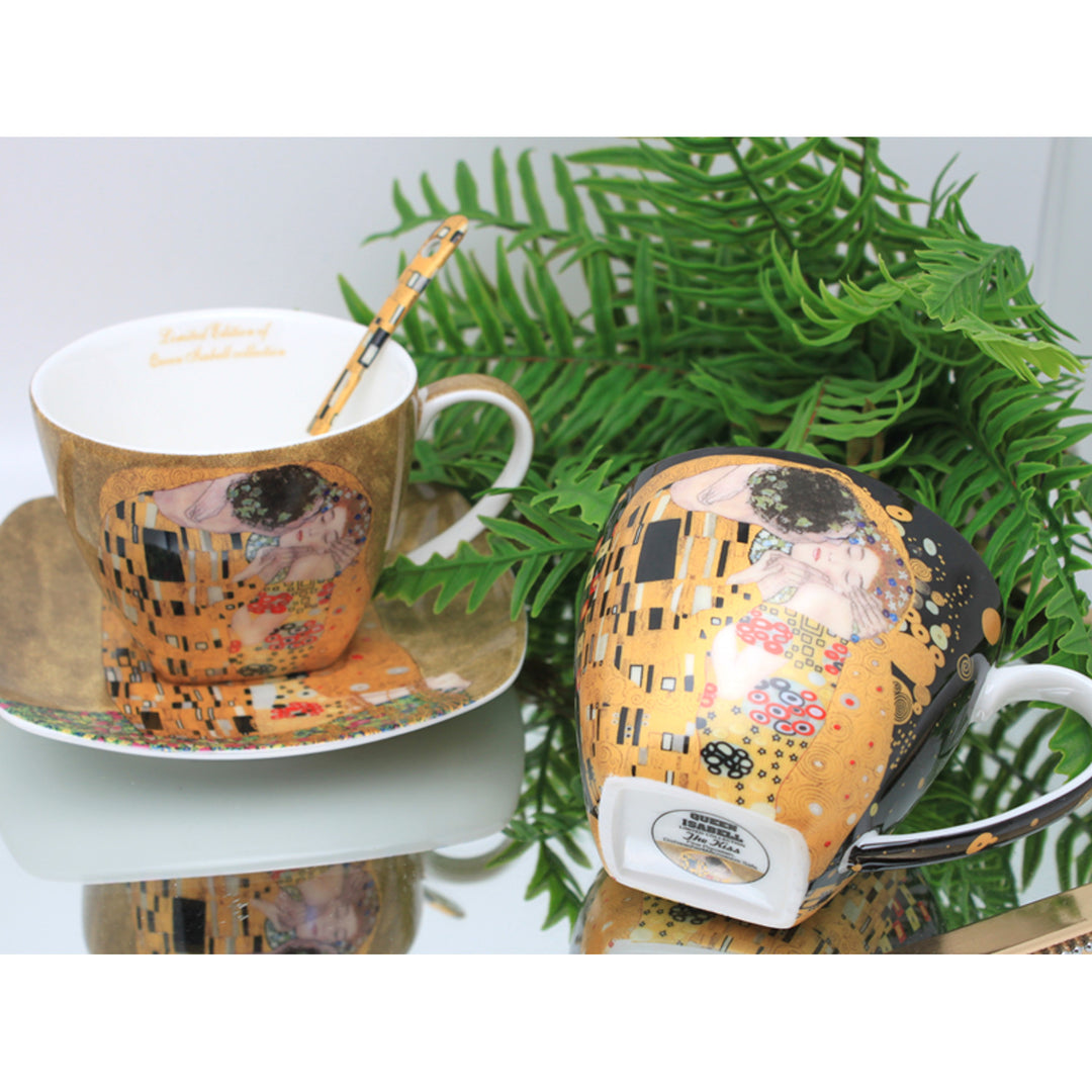 Juego de 2 tazas de porcelana Reina Isabell, motivo El beso de Klimt, cucharillas, 250 ml, W25KL60-2-19000