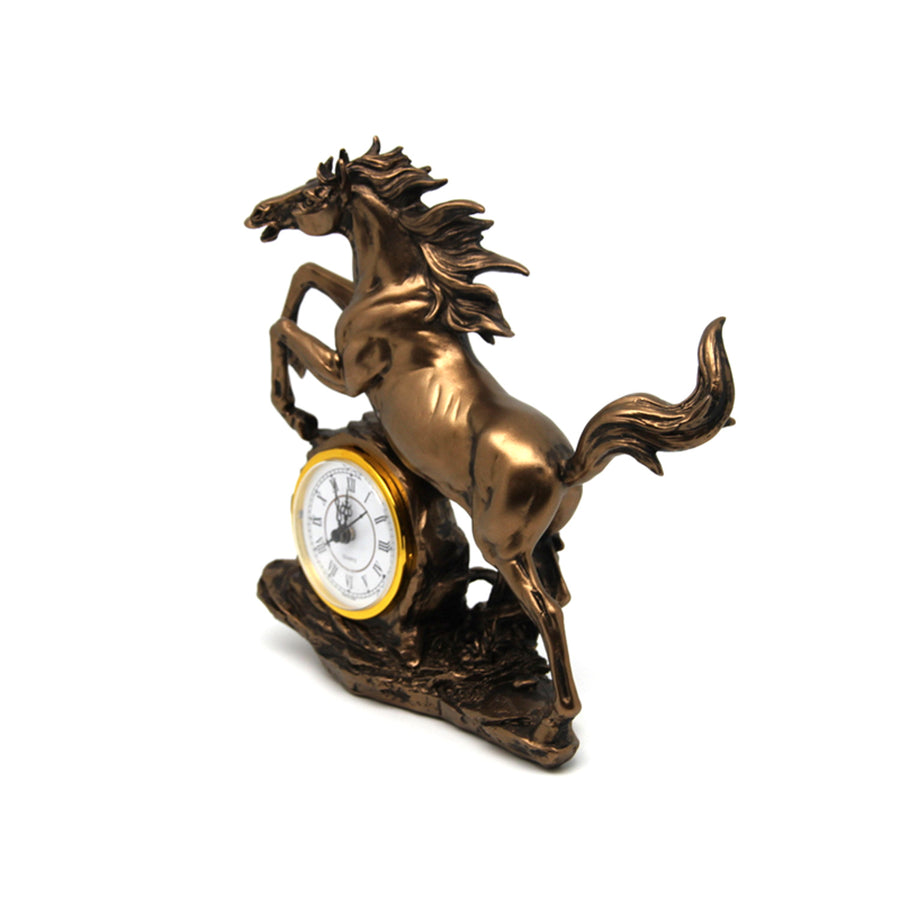 Estatuilla caballo saltando, reloj, decoración bronce, Reina Isabel