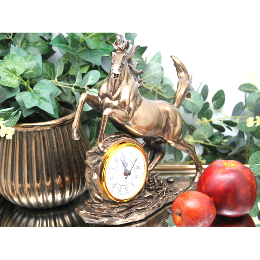 Estatuilla caballo saltando, reloj, decoración bronce, Reina Isabel