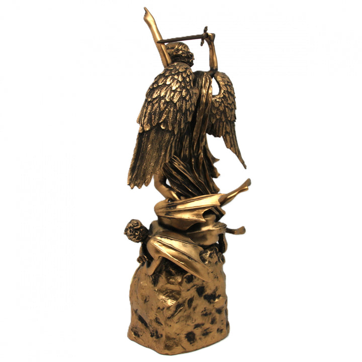 Estatuilla Arcángel Miguel, reloj, escultura religiosa de bronce, Reina Isabel