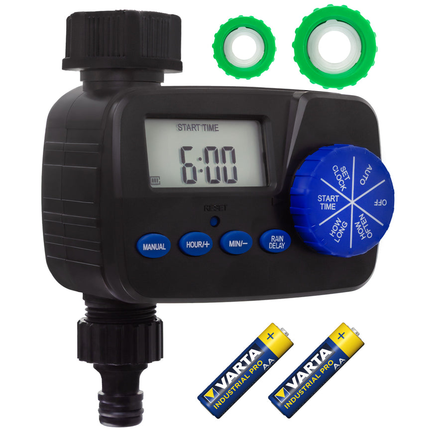 Controlador electrónico de riego GreenBlue, programador, fuente de alimentación 2x1,5V AA, GB390 + 2x pila alcalina Varta Industrial AA