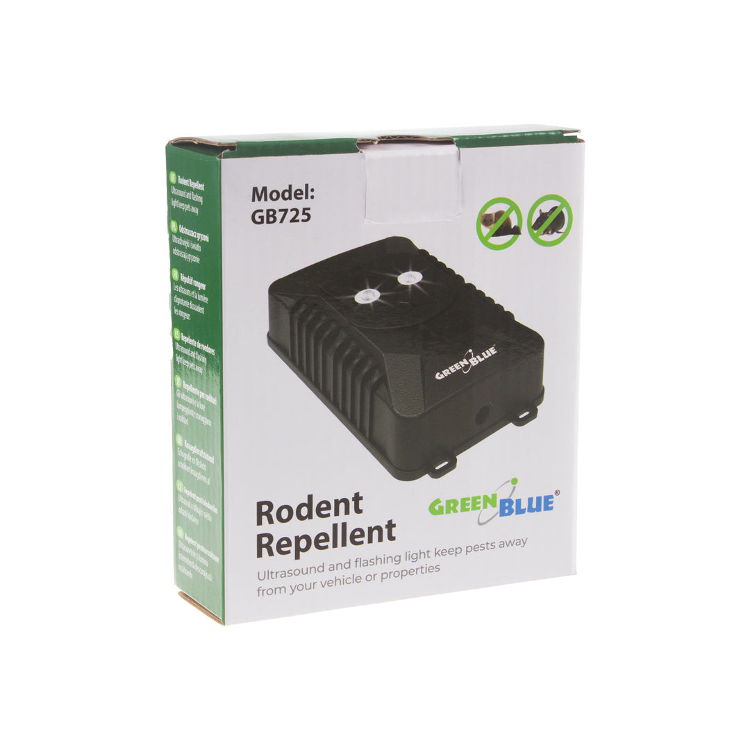 Ahuyentador de roedores y martas GreenBlue GB725 con ultrasonidos y LED + 4 pilas AA Varta Industrial