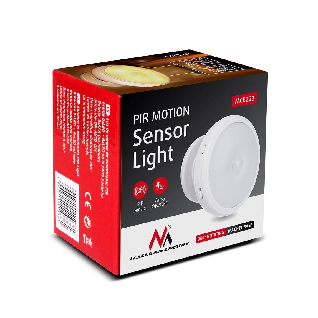 Lámpara LED con sensor de movimiento Maclean, imán, luz de fondo, modos de luz: continua, sensor PIR, 3xAA, MCE223 + 3 pilas Varta Industrial