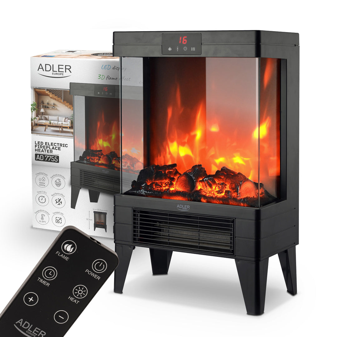 Chimenea eléctrica LED con mando a distancia, 2 potencias de calefacción 1000W/2000W, termostato, Adler AD 7755