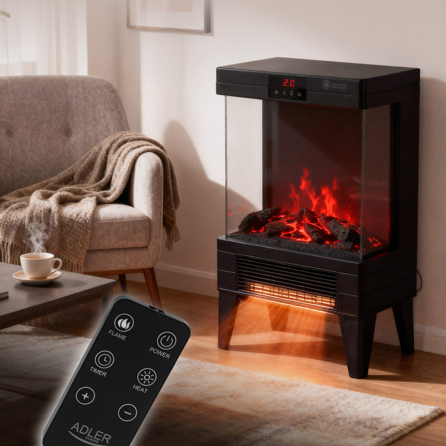 Chimenea eléctrica LED con mando a distancia, 2 potencias de calefacción 1000W/2000W, termostato, Adler AD 7755