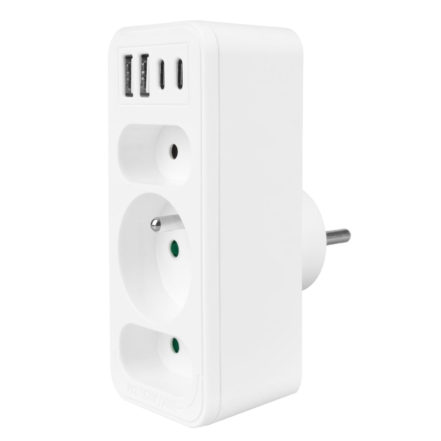 Toma de corriente x3 + 4xUSB Maclean, divisor de 3 tomas, 2xUSB A, 2xUSB C PD 20W, 1x16A + 2x6A, MCE248 F/W, 2 piezas