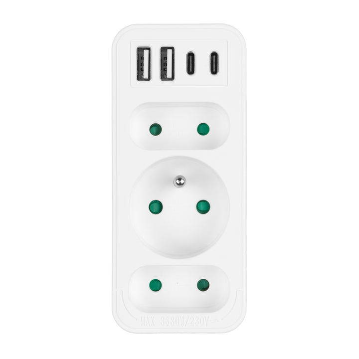 Toma de corriente x3 + 4xUSB Maclean, divisor de 3 tomas, 2xUSB A, 2xUSB C PD 20W, 1x16A + 2x6A, MCE248 F/W, 2 piezas