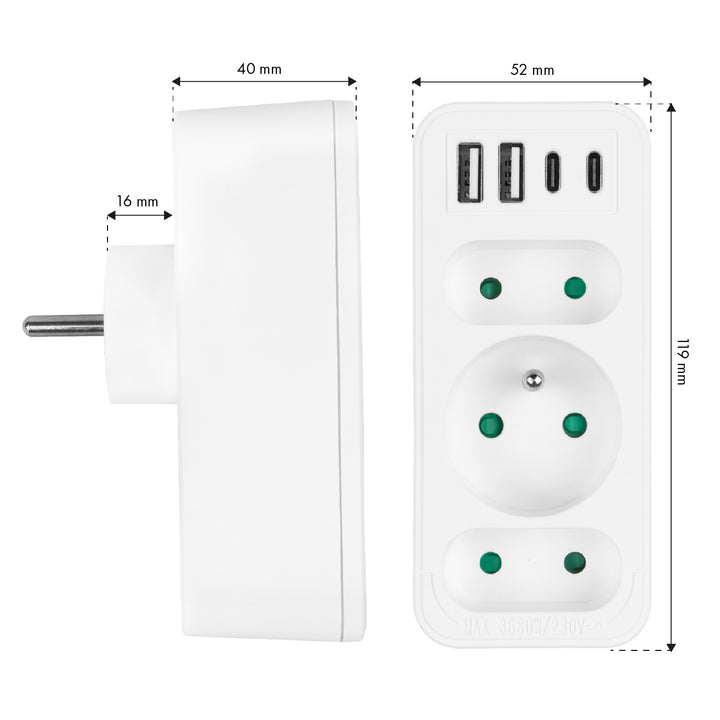 Toma de corriente x3 + 4xUSB Maclean, divisor de 3 tomas, 2xUSB A, 2xUSB C PD 20W, 1x16A + 2x6A, MCE248 F/W, 2 piezas