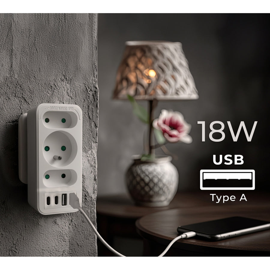 Toma de corriente x3 + 4xUSB Maclean, divisor de 3 tomas, 2xUSB A, 2xUSB C PD 20W, 1x16A + 2x6A, MCE248 F/W, 2 piezas