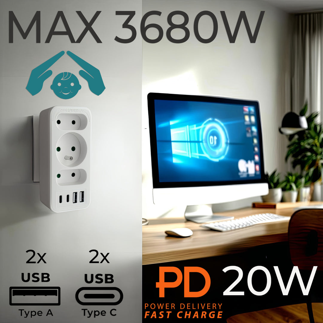 Toma de corriente x3 + 4xUSB Maclean, divisor de 3 tomas, 2xUSB A, 2xUSB C PD 20W, 1x16A + 2x6A, MCE248 F/W, 2 piezas