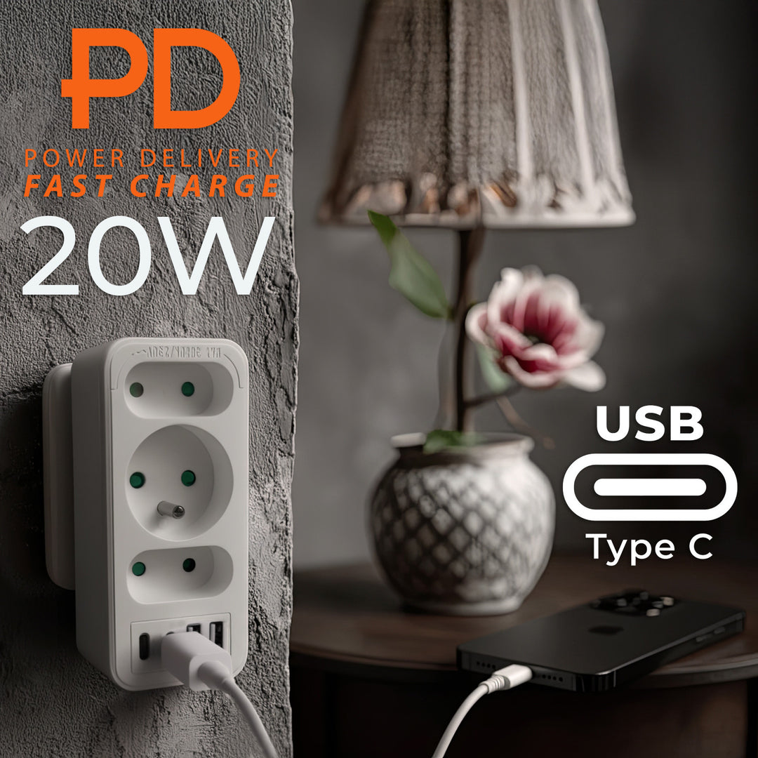 Toma de corriente x3 + 4xUSB Maclean, divisor de 3 tomas, 2xUSB A, 2xUSB C PD 20W, 1x16A + 2x6A, MCE248 F/W, 3 piezas