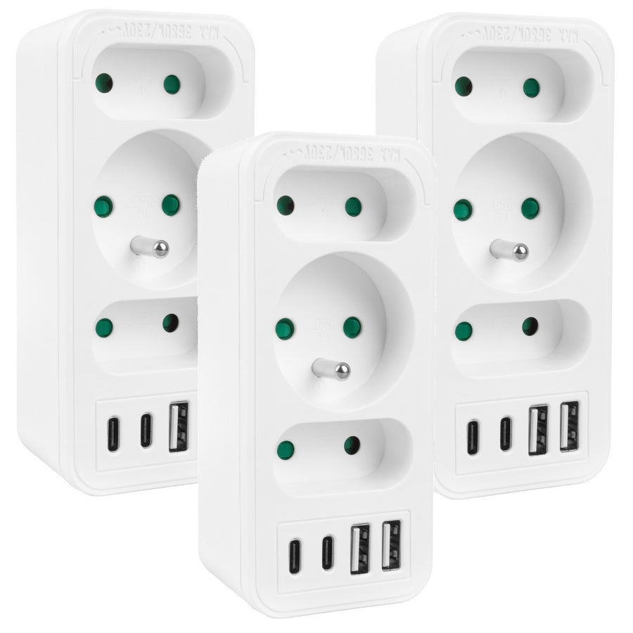 Toma de corriente x3 + 4xUSB Maclean, divisor de 3 tomas, 2xUSB A, 2xUSB C PD 20W, 1x16A + 2x6A, MCE248 F/W, 3 piezas