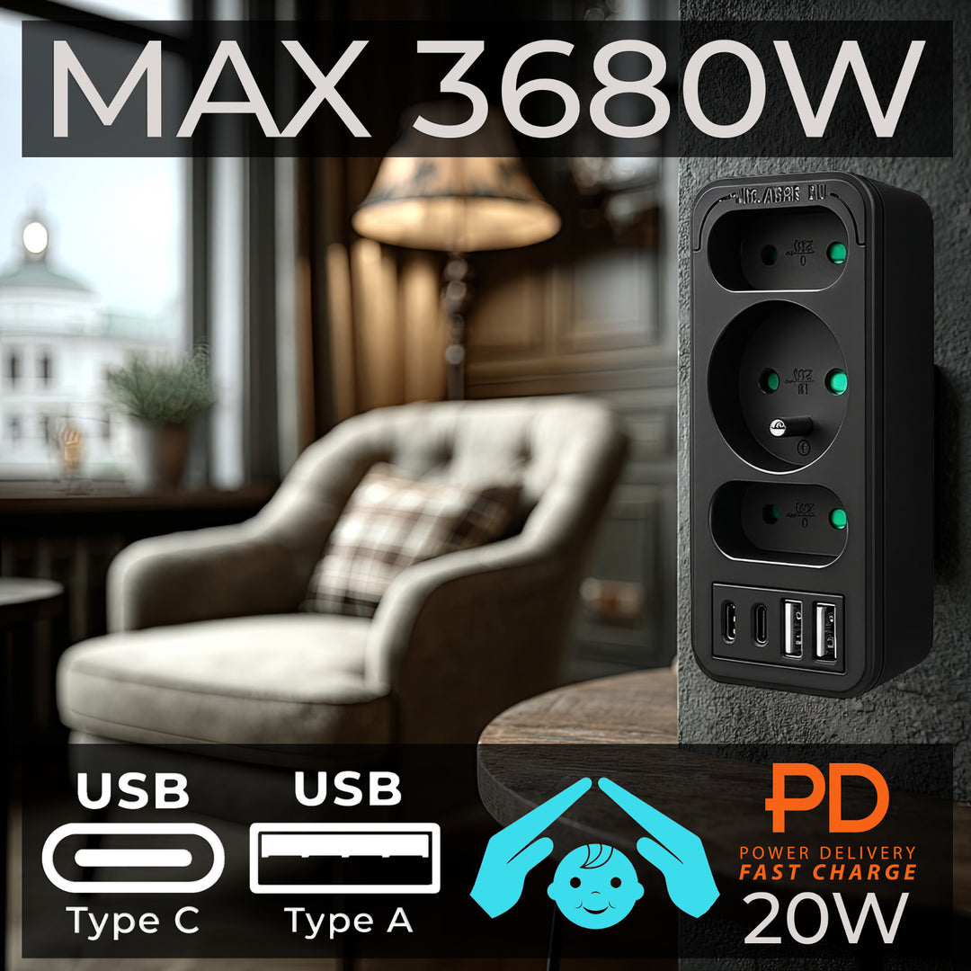 Toma de corriente x3 + 4xUSB Maclean, divisor de 3 tomas, 2xUSB A, 2xUSB C PD 20W, 1x16A + 2x6A, MCE248 F/B, 3 piezas
