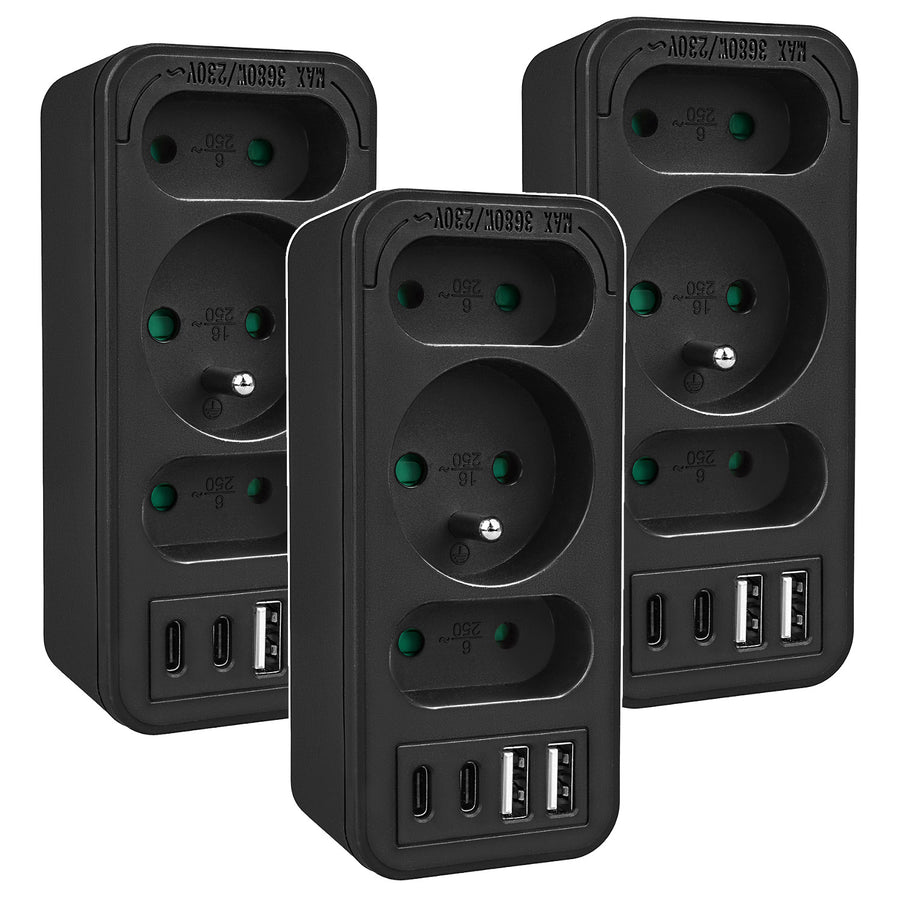 Toma de corriente x3 + 4xUSB Maclean, divisor de 3 tomas, 2xUSB A, 2xUSB C PD 20W, 1x16A + 2x6A, MCE248 F/B, 3 piezas