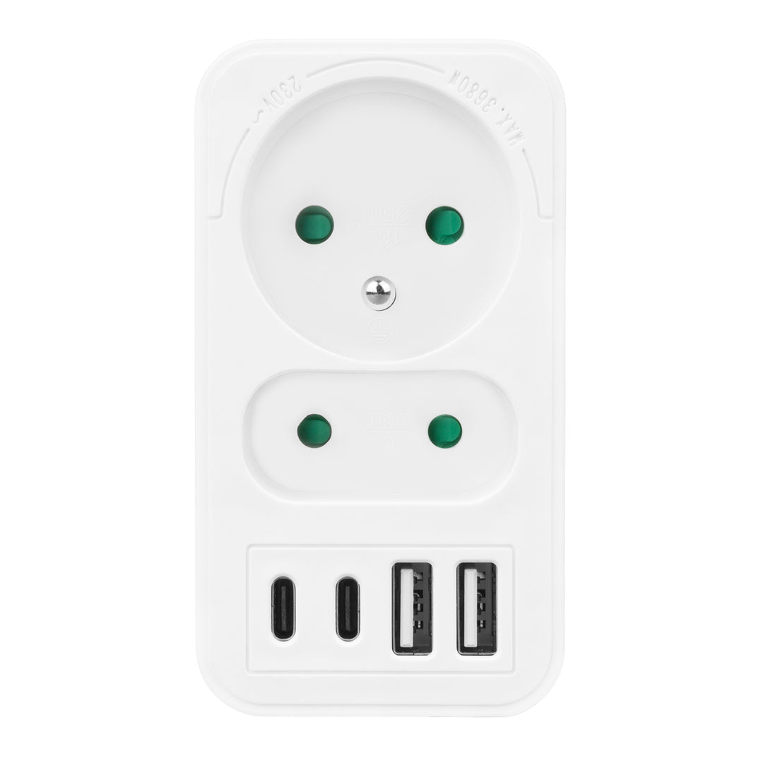 Toma de corriente Maclean x2 + 4xUSB, divisor con 2 tomas, 2xUSB A, 2xUSB C PD 20W, 1x16A + 1x6A, MCE249 F/W, 2 piezas
