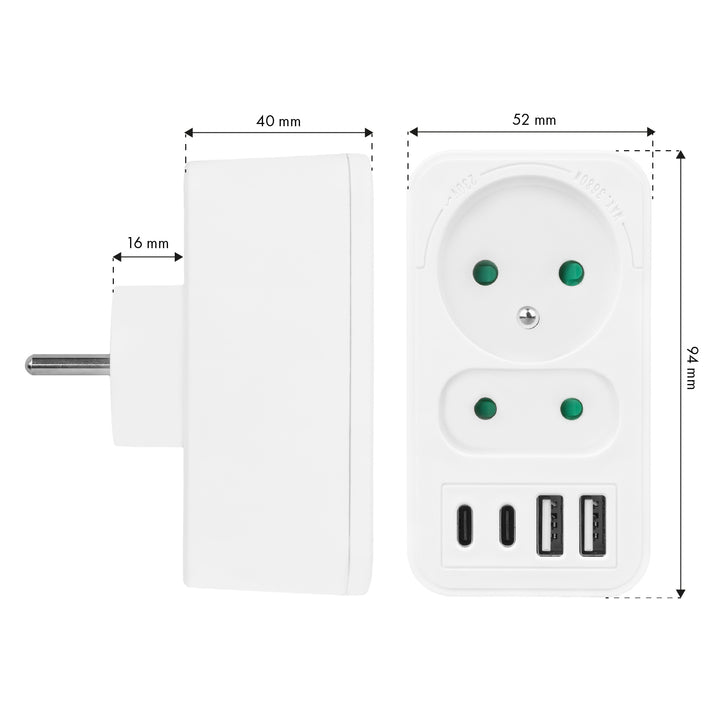 Toma de corriente Maclean x2 + 4xUSB, divisor con 2 tomas, 2xUSB A, 2xUSB C PD 20W, 1x16A + 1x6A, MCE249 F/W, 2 piezas
