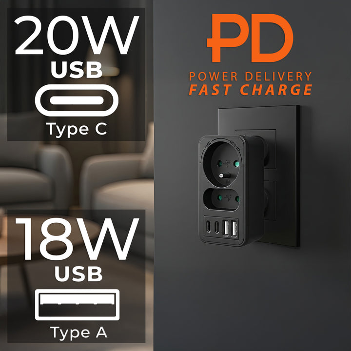 Toma de corriente Maclean x2 + 4xUSB, divisor con 2 tomas, 2xUSB A, 2xUSB C PD 20W, 1x16A + 1x6A, MCE249 F/B, 3 piezas