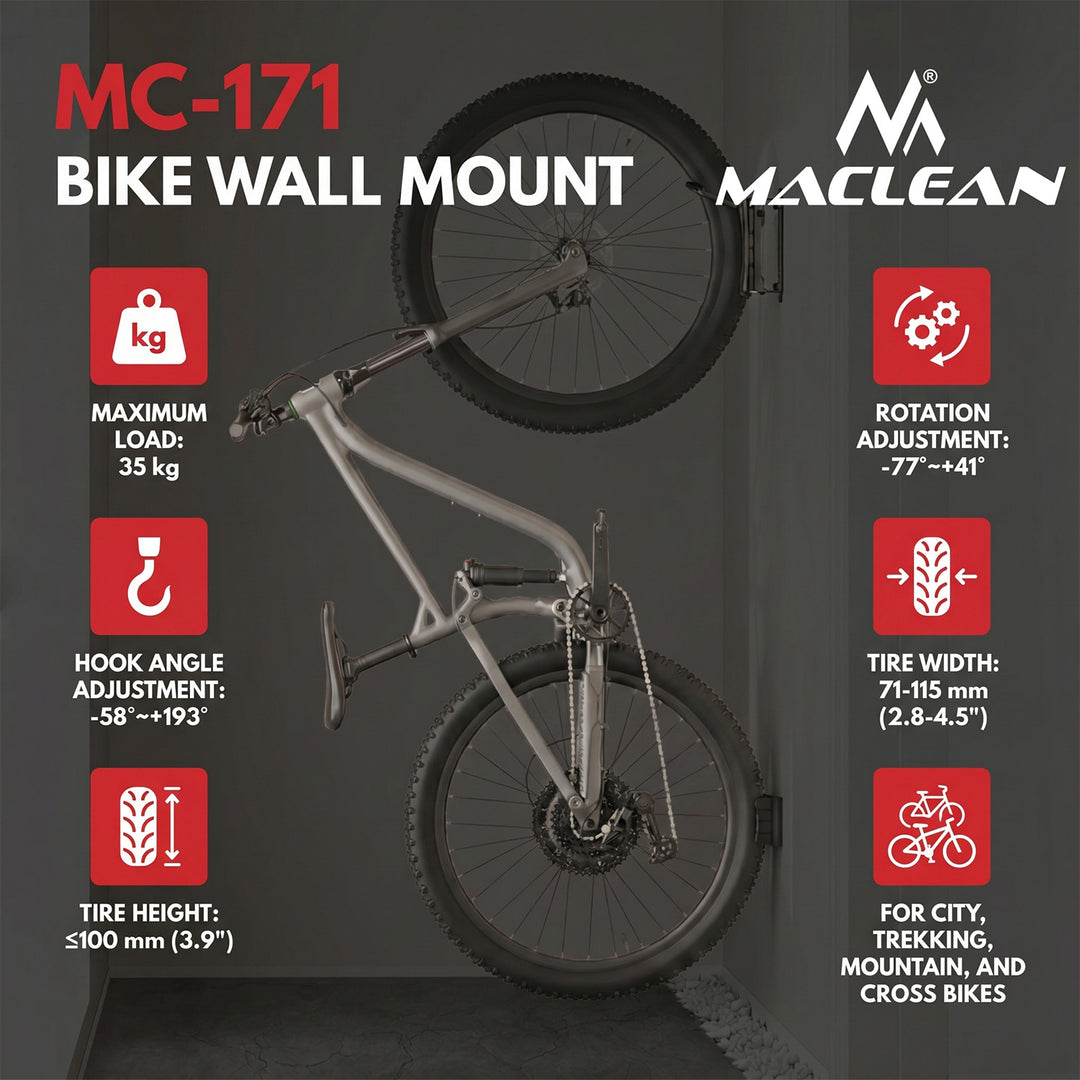 Soporte de pared para bicicletas Maclean, carga máxima de 35 kg, ángulo de inclinación ajustable, acero, MC-171