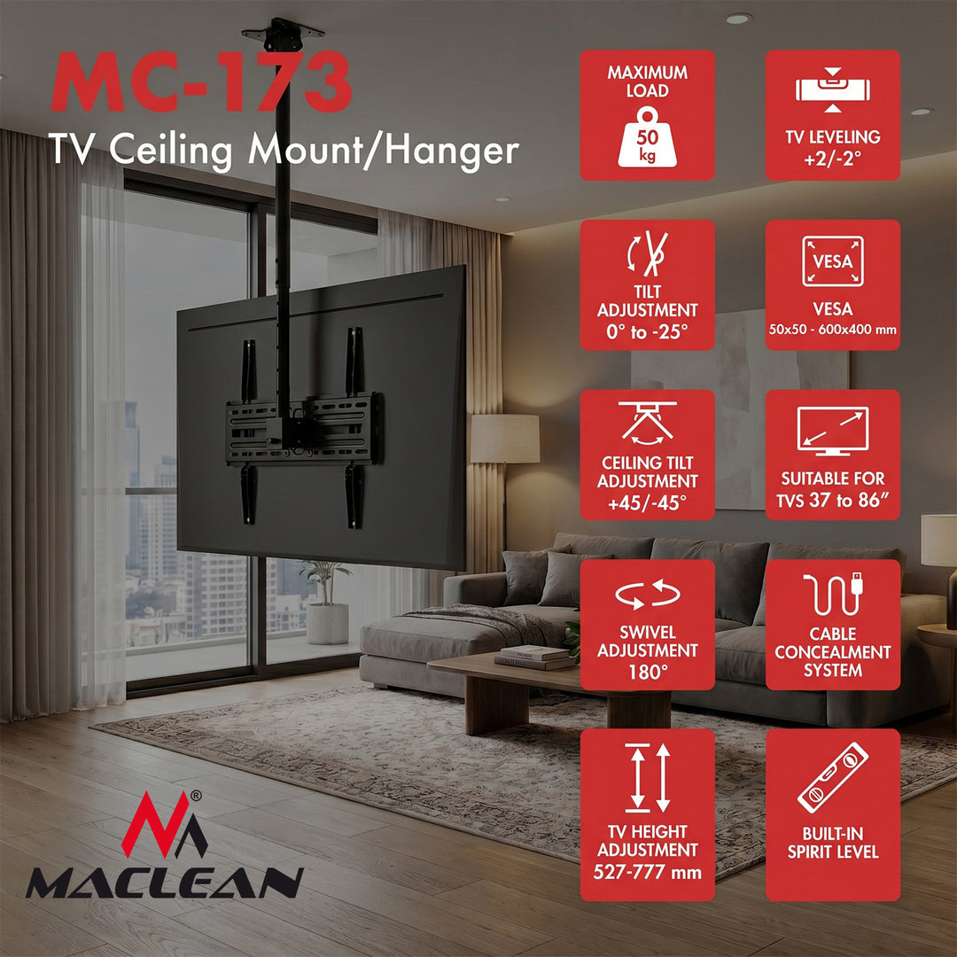 Soporte / colgador de techo para televisor Maclean, carga máxima de 50 kg, 37-86", VESA máximo 600x400, MC-173