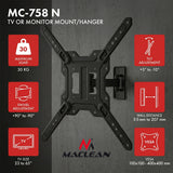 Soporte / colgador para TV o monitor Maclean, máx. 23-65", carga máxima de 30 kg, universal, VESA máx. 400x400, MC-758 N