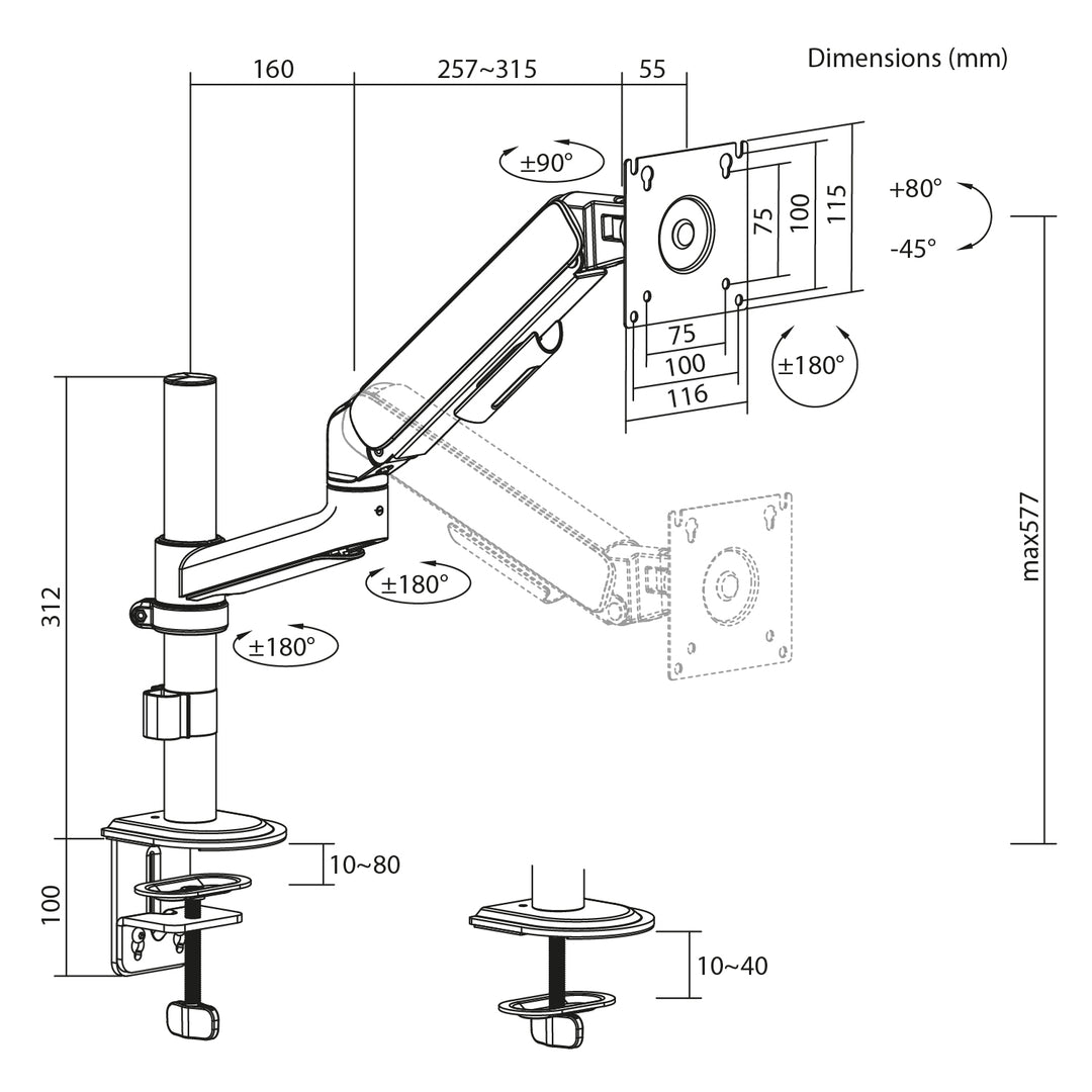 Soporte / colgador para monitor Ergo Office, resorte de gas, 17"-32", 1-10 kg, negro mate, VESA máx. 100x100, ER-691 B