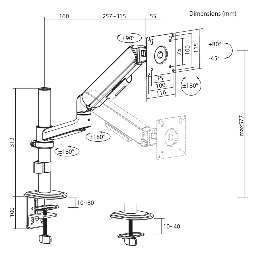 Soporte / colgador para monitor Ergo Office, resorte de gas, 17"-32", 1-10 kg, negro mate, VESA máx. 100x100, ER-691 B