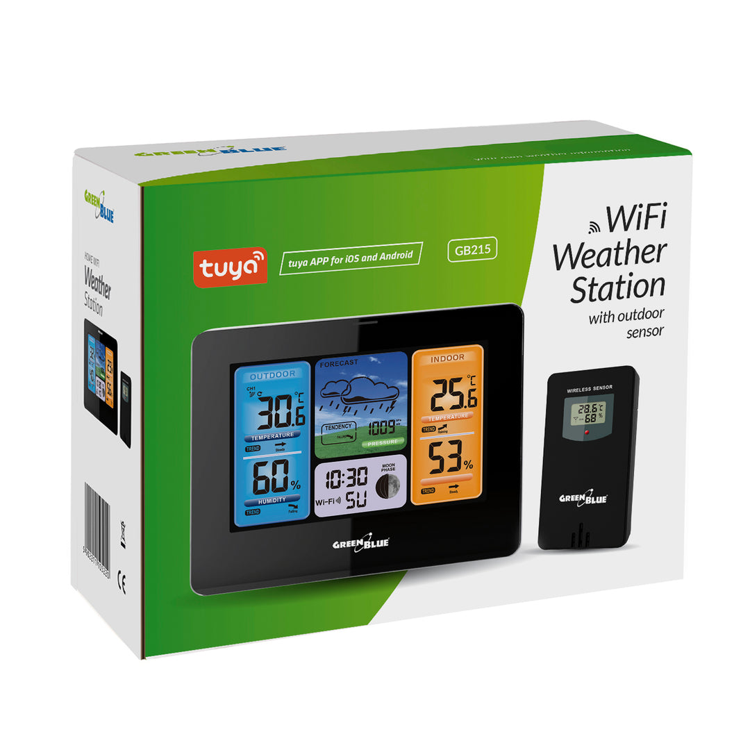 Estación meteorológica WiFi GreenBlue, compatible con TUYA, sensor exterior, calendario, previsión meteorológica, barómetro, adaptador de corriente, pilas, GB215