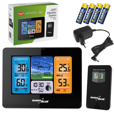 Estación meteorológica WiFi GreenBlue, compatible con TUYA, sensor exterior, calendario, previsión meteorológica, barómetro, adaptador de corriente, pilas, GB215