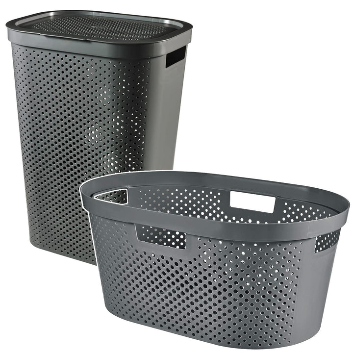 Curver Infinity Recycled mangle / cesto para la ropa, Capacidad 40L, Gris oscuro, 100% reciclado, 245675 + Curver Infinity Recycled 60L cesto para la ropa