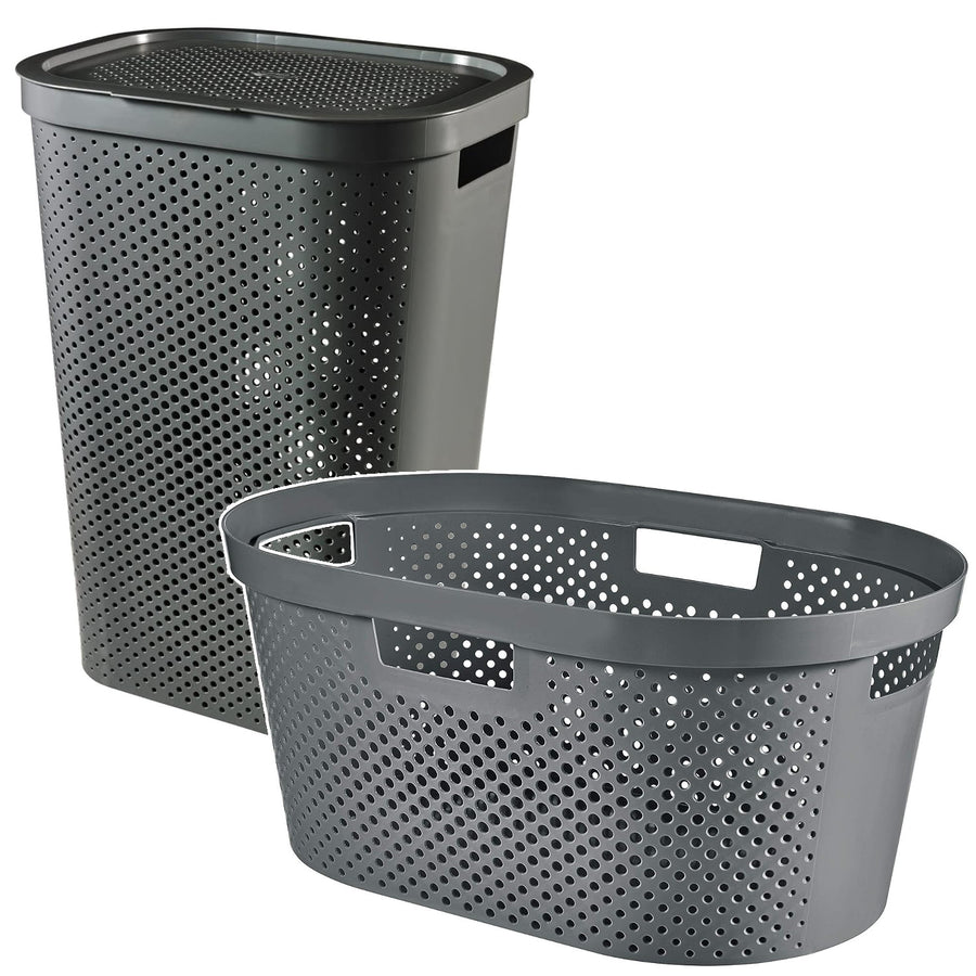 Curver Infinity Recycled mangle / cesto para la ropa, Capacidad 40L, Gris oscuro, 100% reciclado, 245675 + Curver Infinity Recycled 60L cesto para la ropa