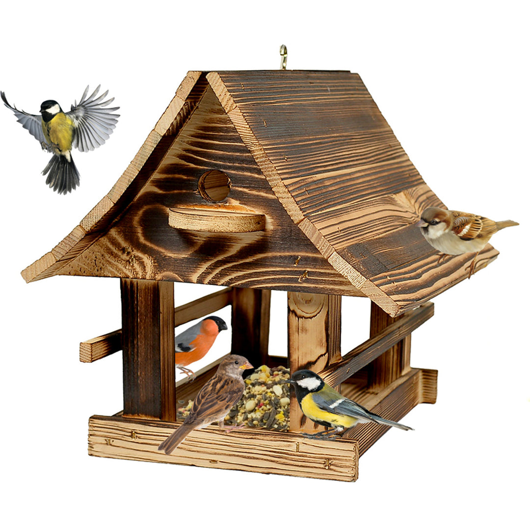Comedero para pájaros Woodok, de madera, cocido, gancho para colgar + alpiste 1kg